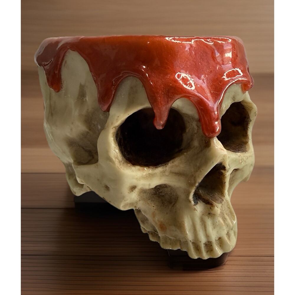 Gothic Resin Skull Bowl Planter with Dripping Blood Realistic Halloween Creepy